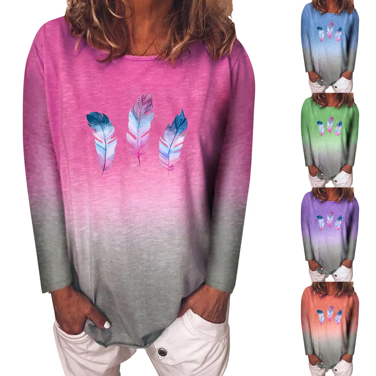 Women Fashion Casual Round Neck Long Sleeve T-Shirt Blouse Color-gradient Feathers Lovely Girls Daily Shirt
Women Fashion Casual Round Neck Long Sleeve T-Shirt Blouse Color-gradient Feathers Lovely Girls Daily Shirt