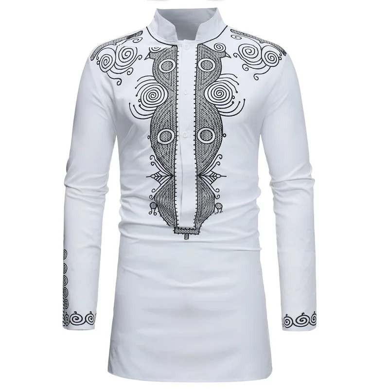 

Tribal Dashiki Longline Shirt 2021 Brand New Slim Long Sleeve Mandarin Collar Dress Shirt Men African Clothing Camisa