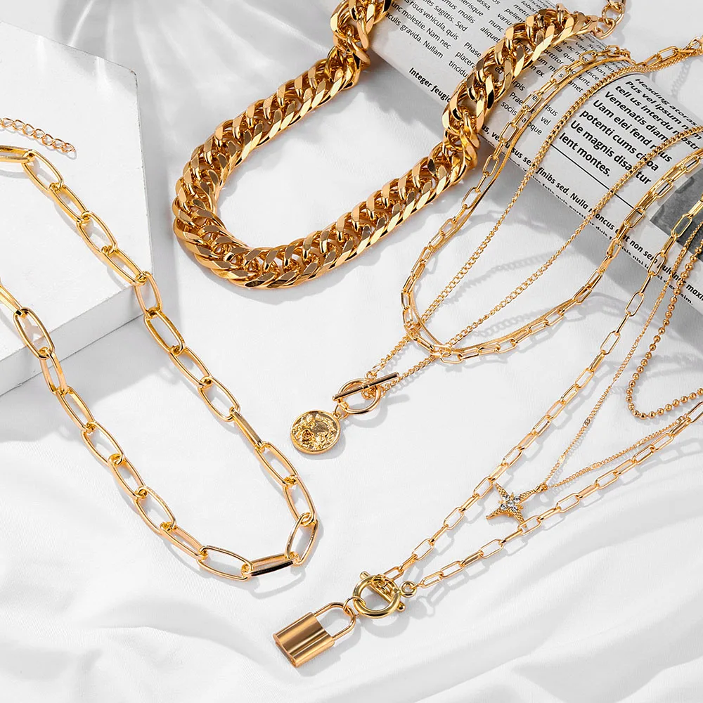 

Женское Ожерелье-чокер, многослойное винтажное ожерелье с замком, золотого и серебряного цветов, толстое колье-цепочка, ювелирные изделия