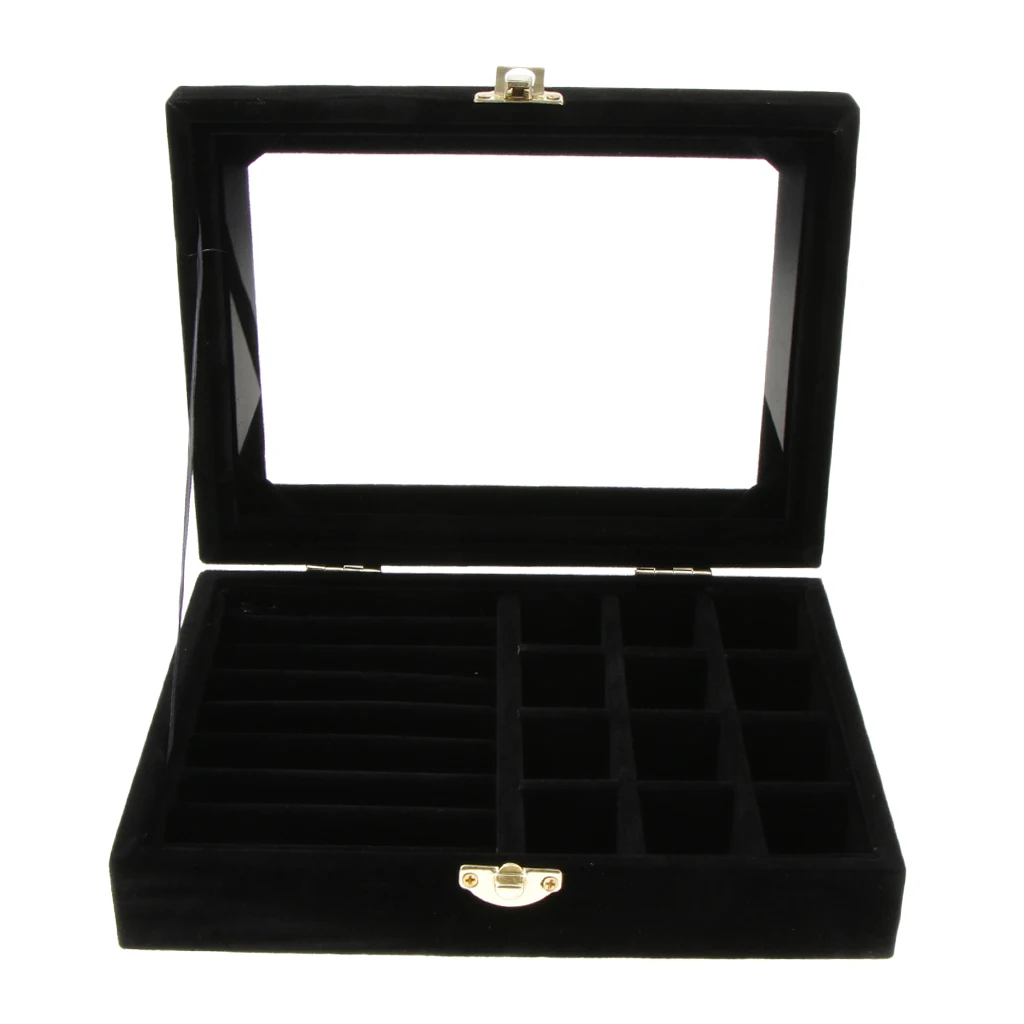 Home Travel Portable Jewelry Storage Box 12 Grid and 6 Slot Top Glass Lid Rings Earrings Cufflinks Trinkets Display Case
Home Travel Portable Jewelry Storage Box 12 Grid and 6 Slot Top Glass Lid Rings Earrings Cufflinks Trinkets Display Case