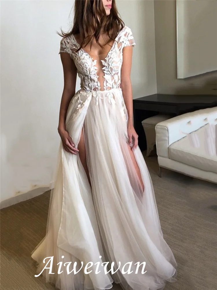 A-Line Sweep/Brush V-Neck Floor-Length Cap Sleeves Appliques Split-Front Backless Beach Wedding Dress 2021
A-Line Sweep/Brush V-Neck Floor-Length Cap Sleeves Appliques Split-Front Backless Beach Wedding Dress 2021