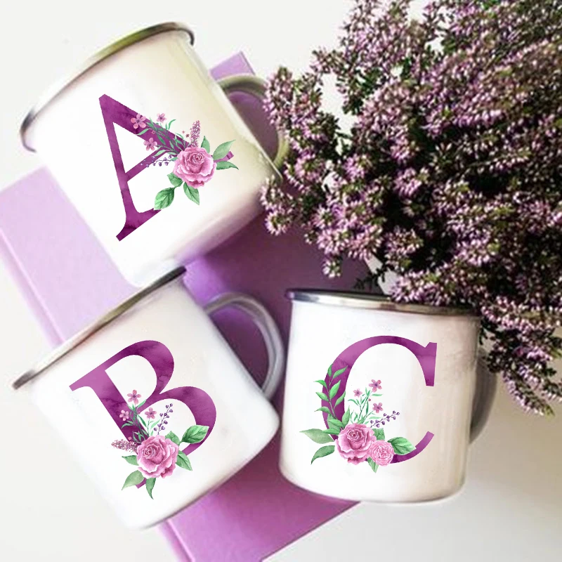 

Purple Letter Print Mugs Creative Coffee Wine Cups Drinks Milk Cup Vintage Enamel Mugs Handle Drinkware Wedding Bridesmaid Gifts