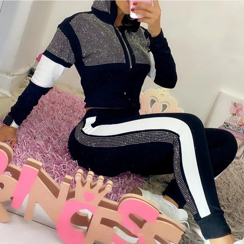 Women Black Rhinestone Casual Patchwork Pullover stand collar long sleeve top & pant 2 piece sets pant sets
Women Black Rhinestone Casual Patchwork Pullover stand collar long sleeve top & pant 2 piece sets pant sets