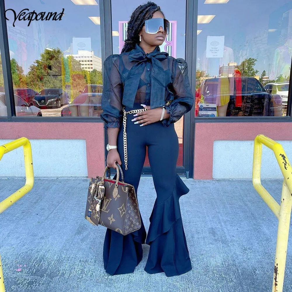 Fashion Solid Mesh Two Piece Women Sets Spring 2021 Sexy Club Outfits Bow Tie Crop Top Ruffle Pants Suit Matching Sets
Fashion Solid Mesh Two Piece Women Sets Spring 2021 Sexy Club Outfits Bow Tie Crop Top Ruffle Pants Suit Matching Sets