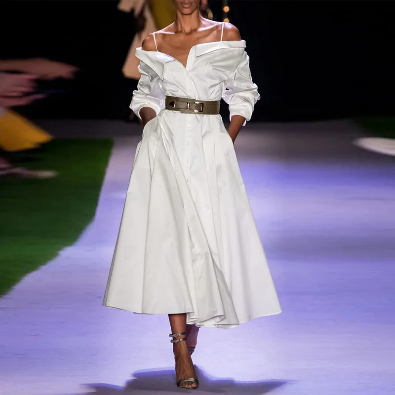 Women Casual Paris Fashion Long Dress Slash Neck Sling Off The Shoulder Solid Color Belt Big Hem Vestidos Feminino Summer 2021
Women Casual Paris Fashion Long Dress Slash Neck Sling Off The Shoulder Solid Color Belt Big Hem Vestidos Feminino Summer 2021