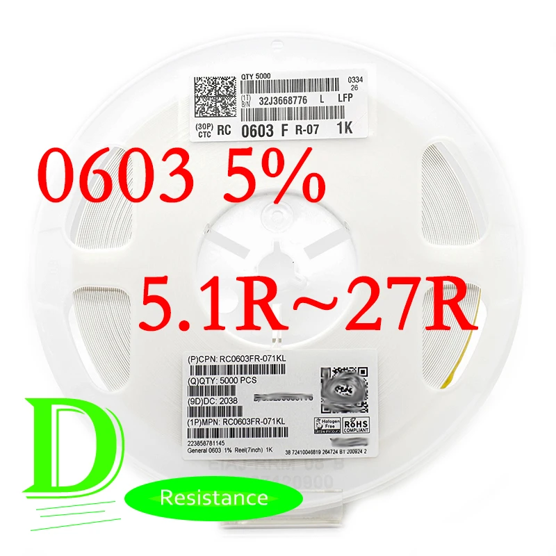 100 шт., резистор SMD 0603 5%, модель RC0603JR-07 Series 5.1R 5.6R 6.2R 6.8R 7.5R 8.2R 9.1R 10R 11R 12R 13R 15R 16R 18R 20R 22R 24R 27R
100 шт., резистор SMD 0603 5%, модель RC0603JR-07 Series 5.1R 5.6R 6.2R 6.8R 7.5R 8.2R 9.1R 10R 11R 12R 13R 15R 16R 18R 20R 22R 24R 27R