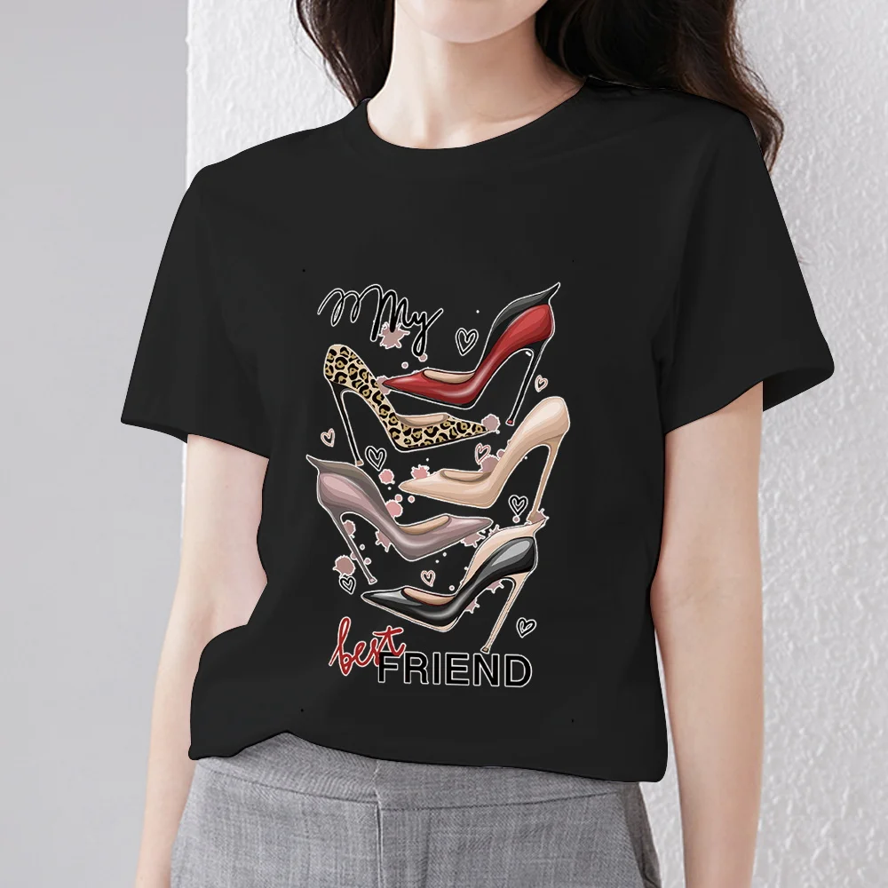 T-shirt Women's Clothing Fashion Casual Cartoon Queen High Heels Pattern Printing Series Ladies Round Neck Black Slim Basic Top
T-shirt Women's Clothing Fashion Casual Cartoon Queen High Heels Pattern Printing Series Ladies Round Neck Black Slim Basic Top