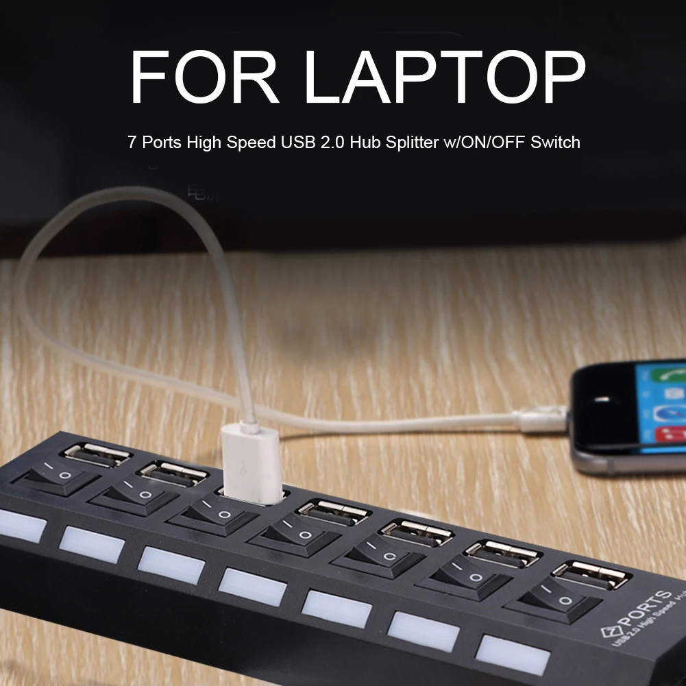USB 2.0 Adapter Hub 7 Ports Multiple Blue LED 480Mbps High Speed Power Switch ON/OFF USB Splitter Office Computer Cables
USB 2.0 Adapter Hub 7 Ports Multiple Blue LED 480Mbps High Speed Power Switch ON/OFF USB Splitter Office Computer Cables