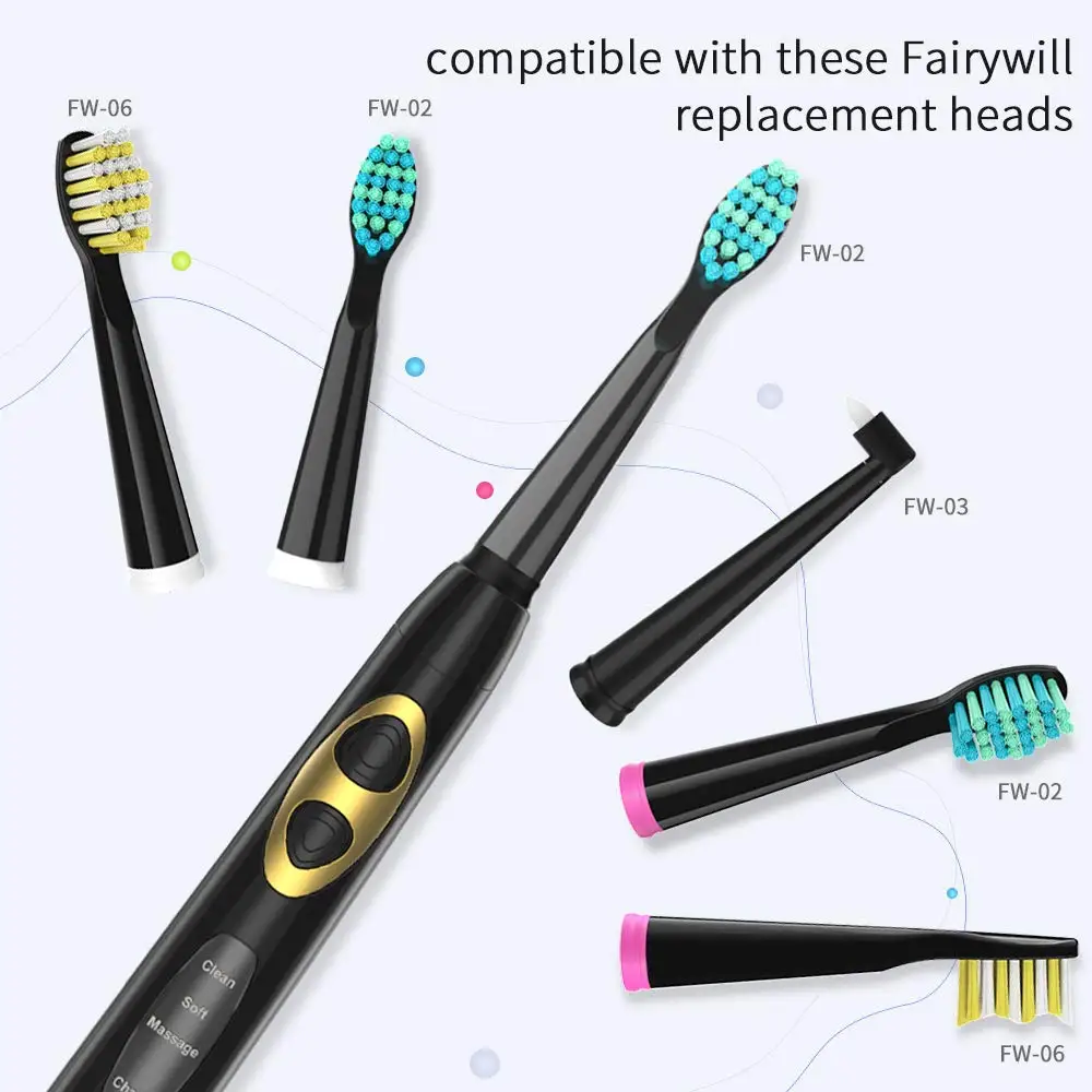 Электрическая зубная щетка Fairywill Sonic, 3 насадки, зарядка от USB, цветной дизайн, подходит для взрослых
Электрическая зубная щетка Fairywill Sonic, 3 насадки, зарядка от USB, цветной дизайн, подходит для взрослых