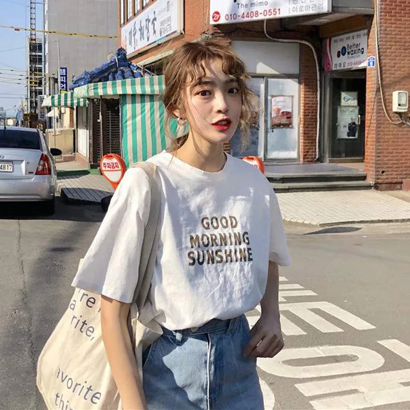 Summer Letters Print T-shirt Women Korean Style Short Sleeve Round Neck Women T shirt Cotton Spandex Women Tops
Summer Letters Print T-shirt Women Korean Style Short Sleeve Round Neck Women T shirt Cotton Spandex Women Tops