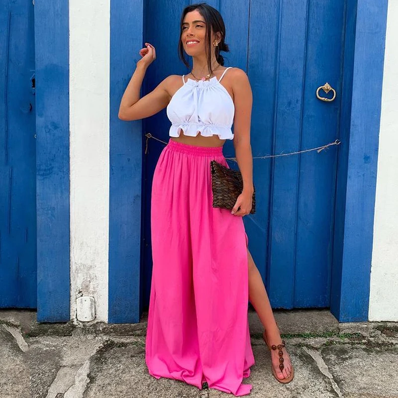 Pink Elastic Waist Split Wide Leg Trousers Women Summer Loose Casual High Waist Pants Women Beach Style Bohemian Pants Lady 2021
Pink Elastic Waist Split Wide Leg Trousers Women Summer Loose Casual High Waist Pants Women Beach Style Bohemian Pants Lady 2021