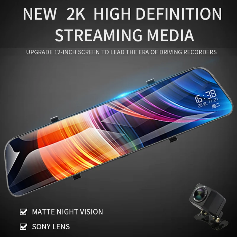 

Новый 12 "сенсорный экран 2K Full HD Автомобильный видеорегистратор двойной объектив видео поток медиа рекордер зеркало заднего вида 1080P задняя ...