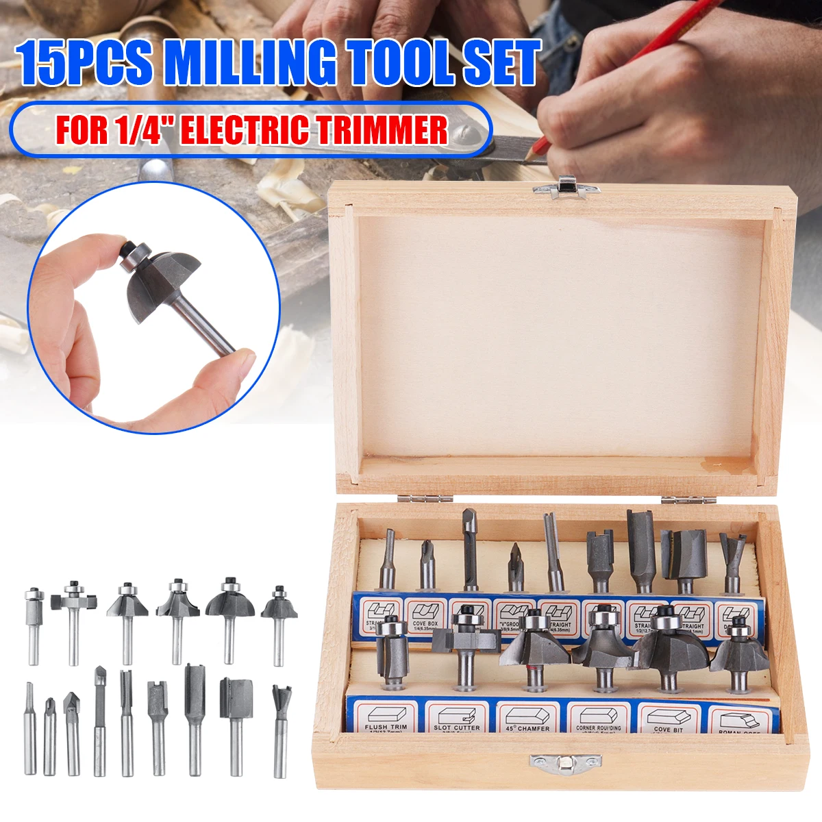6.35mm(1/4") Cutter Kit for Wood Electric Trimmer Shank Hand Trim Router Bits Set Trimming Machine Milling Cutter Kit Tool
6.35mm(1/4") Cutter Kit for Wood Electric Trimmer Shank Hand Trim Router Bits Set Trimming Machine Milling Cutter Kit Tool