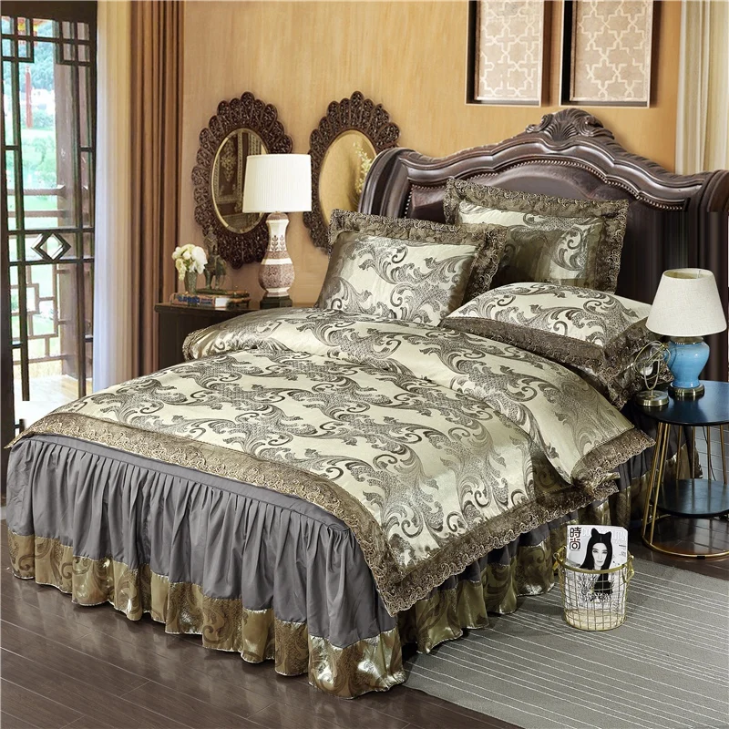 All-season Satin Jacquard Lace Red Golden Luxury Bedding Set Queen size King Duvet cover Bed set Ruffled Bedskirt Pillow shams
All-season Satin Jacquard Lace Red Golden Luxury Bedding Set Queen size King Duvet cover Bed set Ruffled Bedskirt Pillow shams