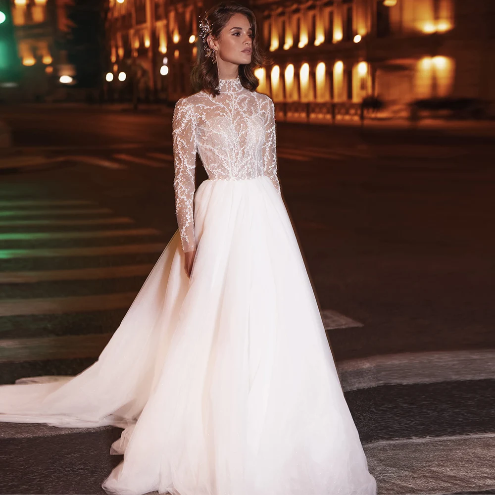 Cheap Wedding Dresses Tulle Lace High Collar Full Sleeve Covered Button A-Line Bridal Gowns Novia Do 2021 Vestidos
Cheap Wedding Dresses Tulle Lace High Collar Full Sleeve Covered Button A-Line Bridal Gowns Novia Do 2021 Vestidos