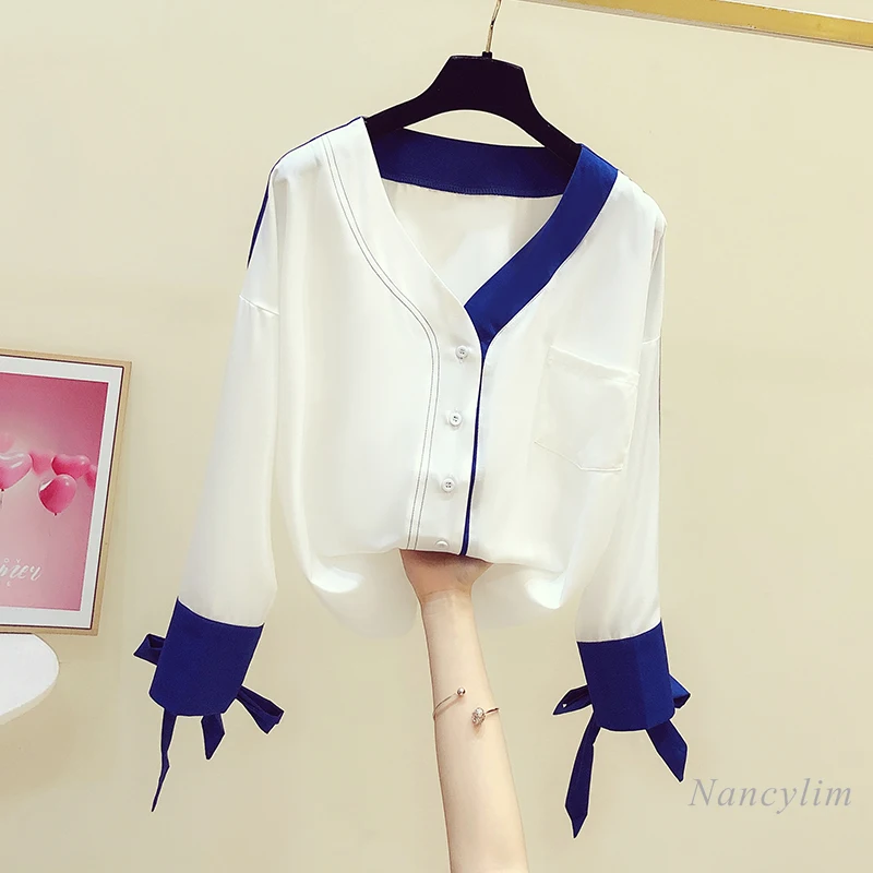 Women's V-neck Shirt Long Sleeve White Blue Blouse Female 2021 Spring New Korean Style All-Match Casual Tops Blusas 
Women's V-neck Shirt Long Sleeve White Blue Blouse Female 2021 Spring New Korean Style All-Match Casual Tops Blusas