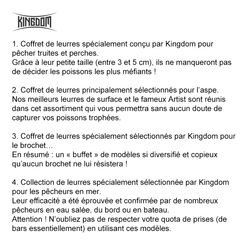 Kingdom Hot Fishing lures Combo Set 1 for Fishing trout and poles 2 for l'aspe 3 for Pike... 4 for anglers in sea
Kingdom Hot Fishing lures Combo Set 1 for Fishing trout and poles 2 for l'aspe 3 for Pike... 4 for anglers in sea