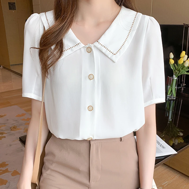 LJSXLS 2021 Summer White Chiffon Short Sleeve Shirts Women Loose Retro Button Open Stitch Female Blouses All-match Tops Femme
LJSXLS 2021 Summer White Chiffon Short Sleeve Shirts Women Loose Retro Button Open Stitch Female Blouses All-match Tops Femme