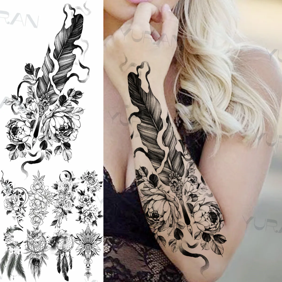 Washable Feather Peony Flower Temporary Tattoos For Women Girls Fake Moon Cross Dream Catcher Tattoo Sticker Realistic Arm Tatoo
Washable Feather Peony Flower Temporary Tattoos For Women Girls Fake Moon Cross Dream Catcher Tattoo Sticker Realistic Arm Tatoo