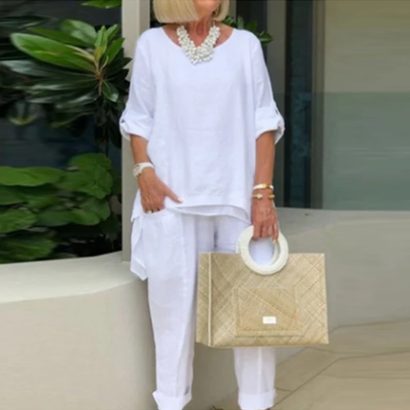 Casual Simple Cotton Linen Set Women Fashion O Neck Irregular T Shirt Pullover and Pocket Pants Suit Spring Autumn Lady Outfits
Casual Simple Cotton Linen Set Women Fashion O Neck Irregular T Shirt Pullover and Pocket Pants Suit Spring Autumn Lady Outfits