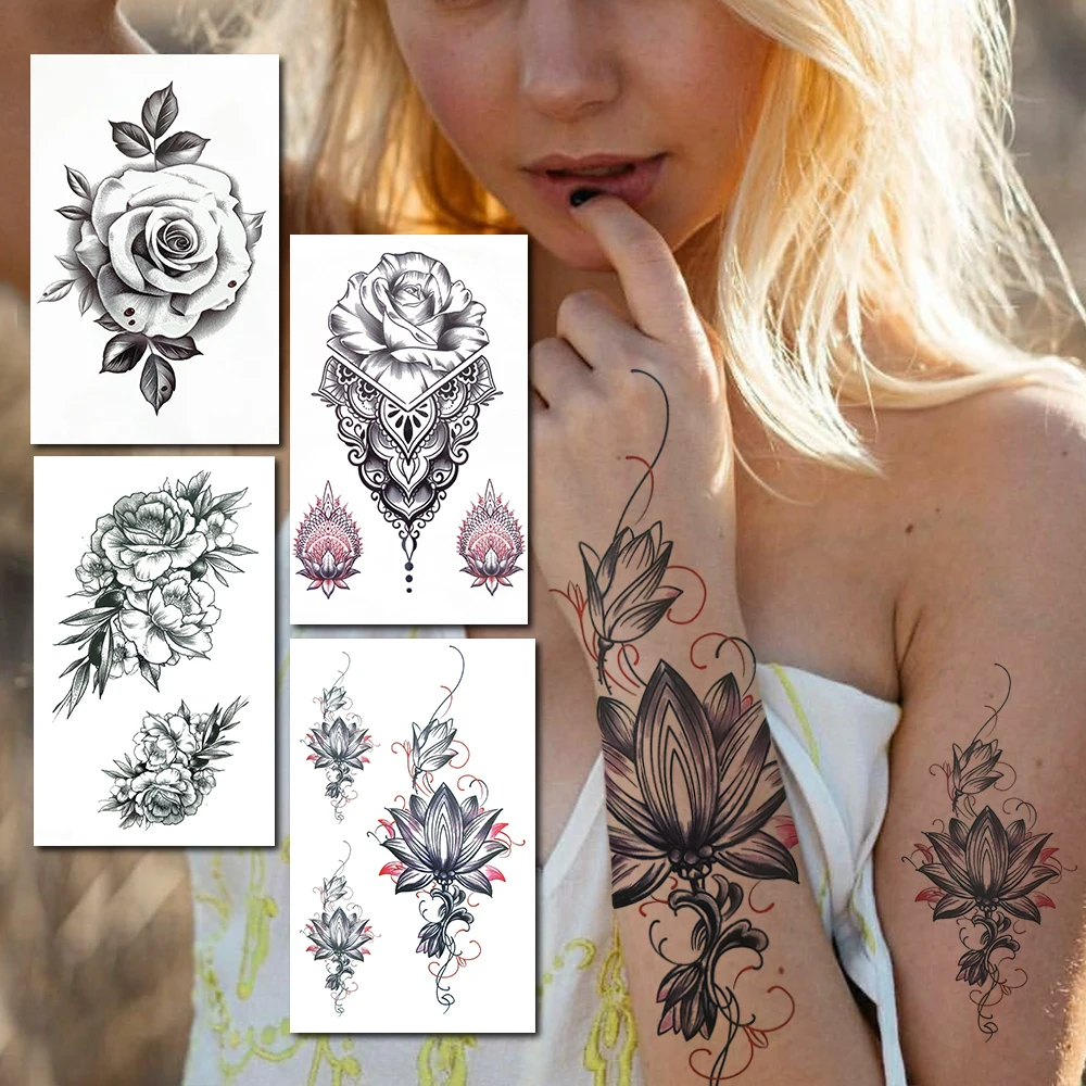 Временные татуировки Lotus для женщин бумажные водостойкие с рисунком черной розы
