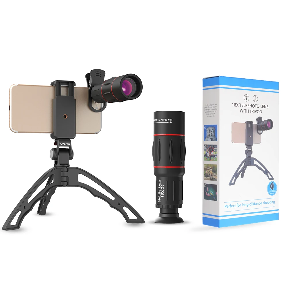 APEXEL18X Telescope Mobile Phone Lens Monocular lens with 3 in 1 fisheye wide macro lens+mini tripod for iPhone other cellphone
APEXEL18X Telescope Mobile Phone Lens Monocular lens with 3 in 1 fisheye wide macro lens+mini tripod for iPhone other cellphone