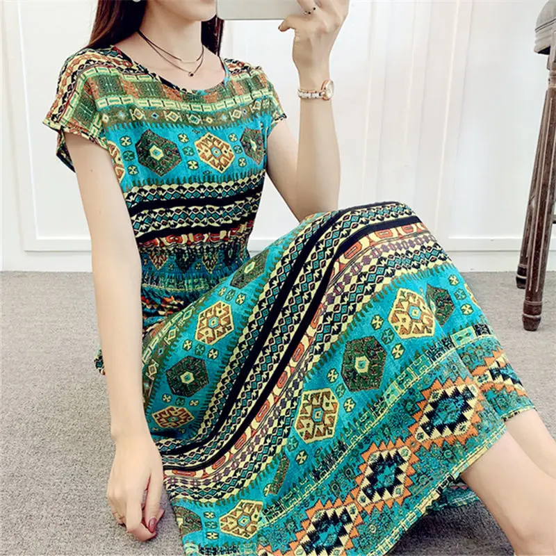 Large size cotton silk dress bohemian mid-length bat sleeve round neck print holiday beach dress
Large size cotton silk dress bohemian mid-length bat sleeve round neck print holiday beach dress