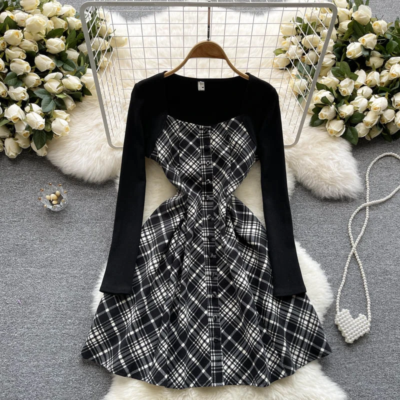 Autumn 2021 New Vestidos Female Round Neck Long Sleeve Retro Fake Two-piece Knitted Stitching Plaid Mini Dress DF762
Autumn 2021 New Vestidos Female Round Neck Long Sleeve Retro Fake Two-piece Knitted Stitching Plaid Mini Dress DF762