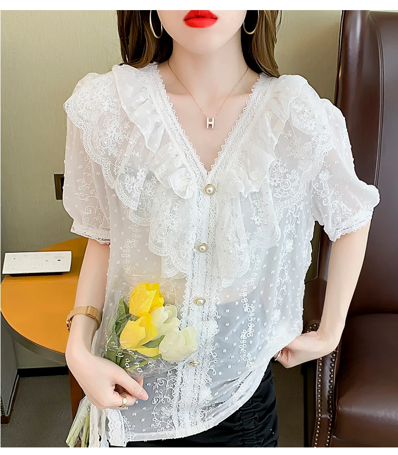 Summer Korean Chiffon Women Blouses Lace Office Lady Shirts Elegant Short Sleeve Woman Shirt Loose Blusas Mujer De Moda
Summer Korean Chiffon Women Blouses Lace Office Lady Shirts Elegant Short Sleeve Woman Shirt Loose Blusas Mujer De Moda