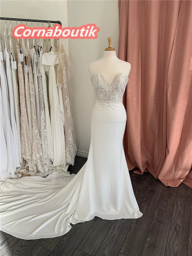 Sheath Fitted Wedding Dress Plunging Sweetheart Neckline Tulle Panel Floral Lace Appliques Beaded Crepe Bridal Gowns
Sheath Fitted Wedding Dress Plunging Sweetheart Neckline Tulle Panel Floral Lace Appliques Beaded Crepe Bridal Gowns