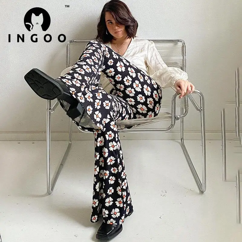 Женские широкие брюки-клеш INGOO разноцветные винтажные брюки с принтом высокой