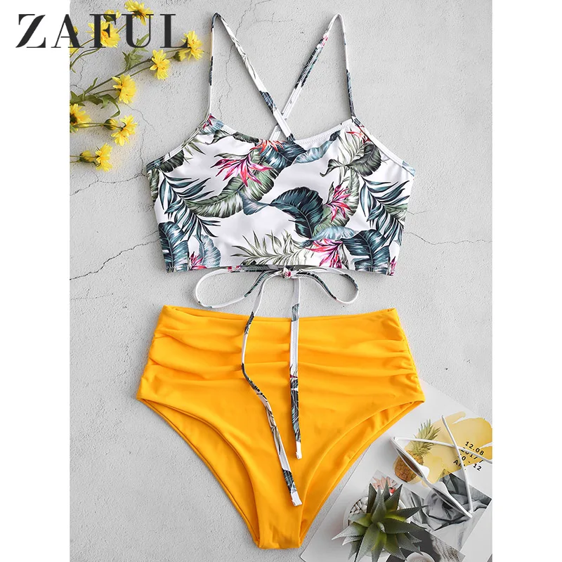 

ZAFUL Bikini Lace Up Tropical Leaf Tummy Control Tankini Set Swimwear High Waisted Swim Suit Ruched Padded Bathing Suit 2020