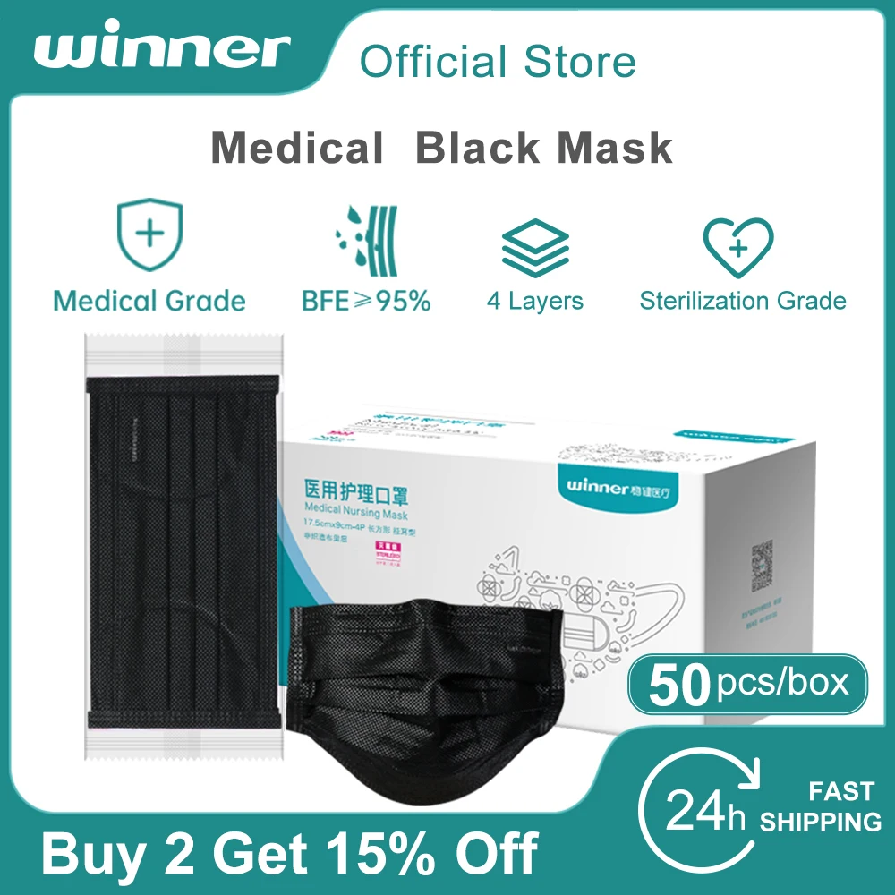 

Winner Mask Black Disposable Medical Mask EO Sterile Face Mask 4 Layers Filter Breathable Protective Adult Nursing masks 50PCS