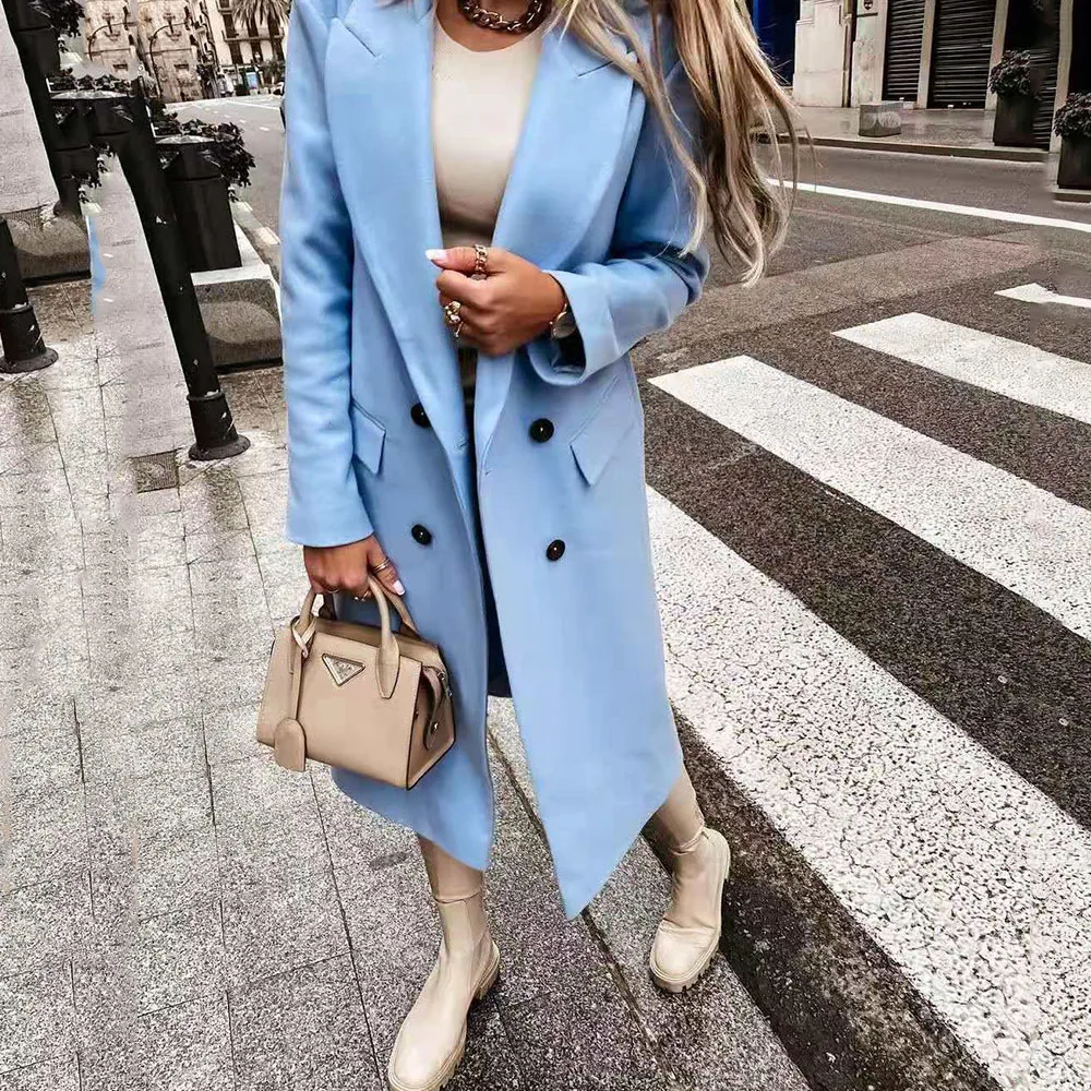 2021 Western Style Autumn Winter New Solid Color Women Overcoat Blue Fashion Casual Loose Double Breasted Lapel Long Sleeve
2021 Western Style Autumn Winter New Solid Color Women Overcoat Blue Fashion Casual Loose Double Breasted Lapel Long Sleeve