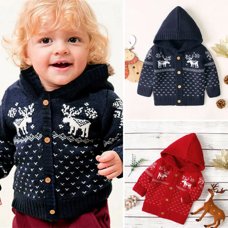 Вязаное пальто детская Рождественская одежда толстовка с пуговицами и капюшоном