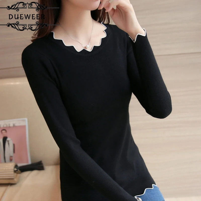 DUEWEER Pullovers Sweaters Women Ruffled Collar Slim Stretch Pullover Solid Elegant Lady Simple Soft Korean Style 
DUEWEER Pullovers Sweaters Women Ruffled Collar Slim Stretch Pullover Solid Elegant Lady Simple Soft Korean Style