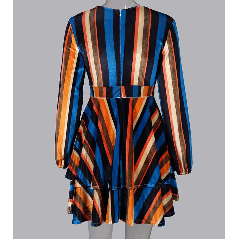 Vintage Multi Color Stripes Layered Ruffles Dress Sexy Deep V-neck Long Sleeve Mini Dress
Vintage Multi Color Stripes Layered Ruffles Dress Sexy Deep V-neck Long Sleeve Mini Dress