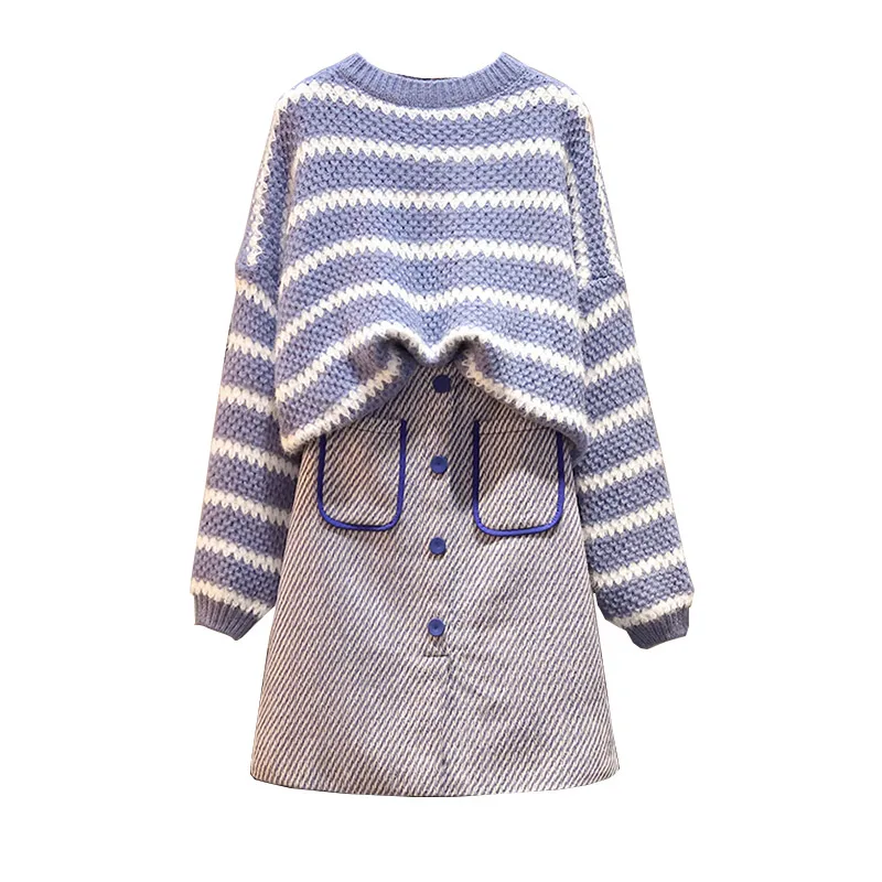 Large Size Ladies Winter Autumn Outfit New Two Pcs Clothing Set Pocket Woolen Skirt Stripe Loose Top Sweater Suit Outfit Women 
Large Size Ladies Winter Autumn Outfit New Two Pcs Clothing Set Pocket Woolen Skirt Stripe Loose Top Sweater Suit Outfit Women
