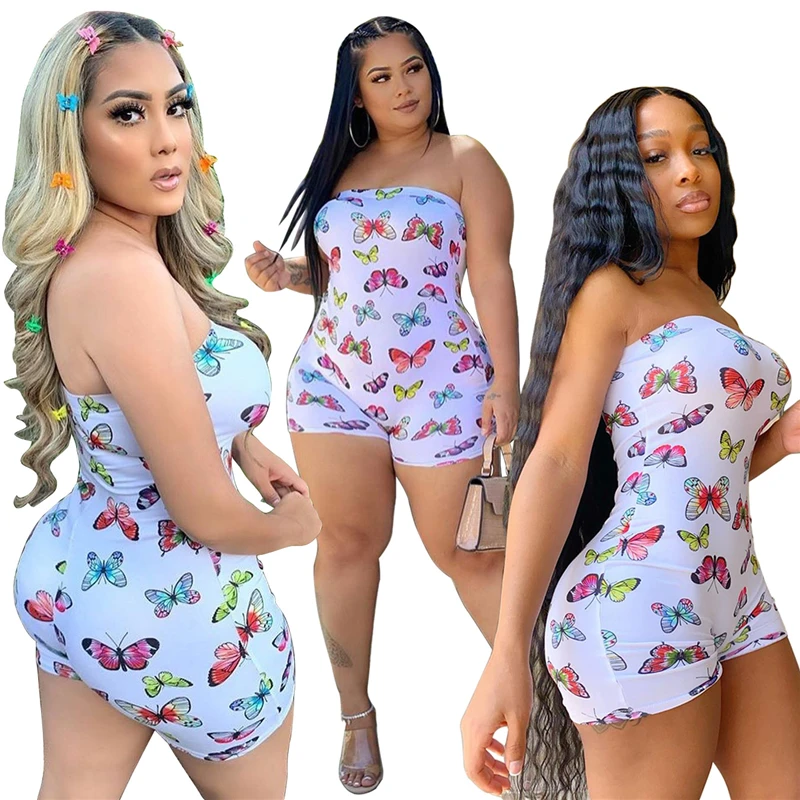 

FIXSYS Butterfly Print Strapless Jumpsuit Fashion Sexy Onesies Summer Women Casual Playsuit Nightclub Overall Shorts Romper