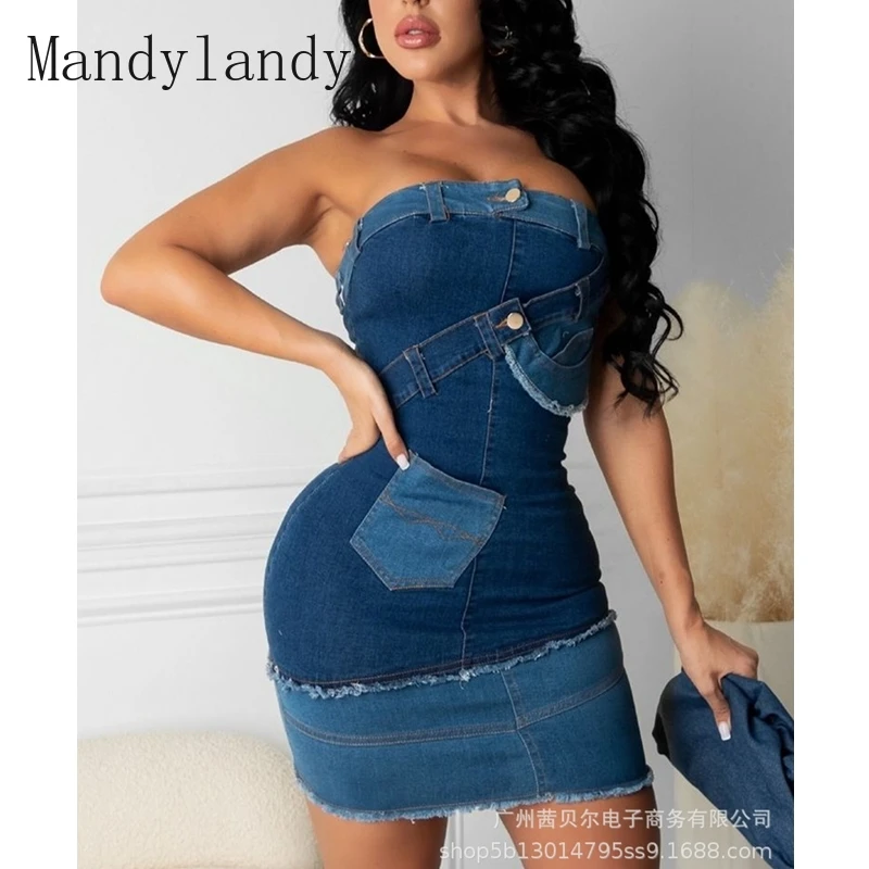 Mandylandy Denim Dress Summer Fashion Backless Strapless High Waist Denim Dress Women's Sexy Slim-Fit Pocket Stitching Dress
Mandylandy Denim Dress Summer Fashion Backless Strapless High Waist Denim Dress Women's Sexy Slim-Fit Pocket Stitching Dress