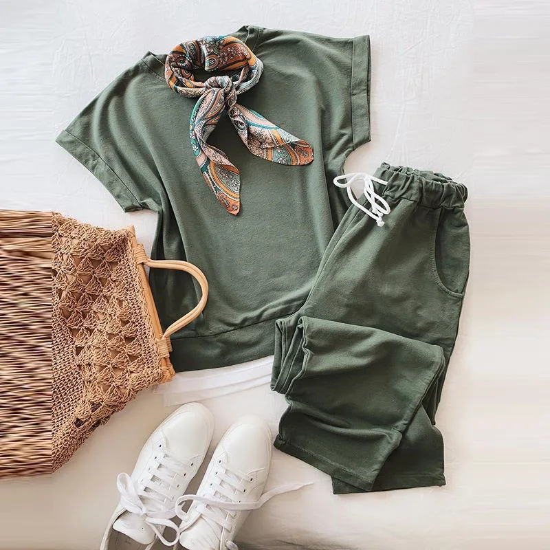 Women's Tracksuit Solid Short Sleeve O-neck T-shirt Drawstring Female Long Trouser Suits Summer Casual Sports Woman 2 Piece Set
Women's Tracksuit Solid Short Sleeve O-neck T-shirt Drawstring Female Long Trouser Suits Summer Casual Sports Woman 2 Piece Set