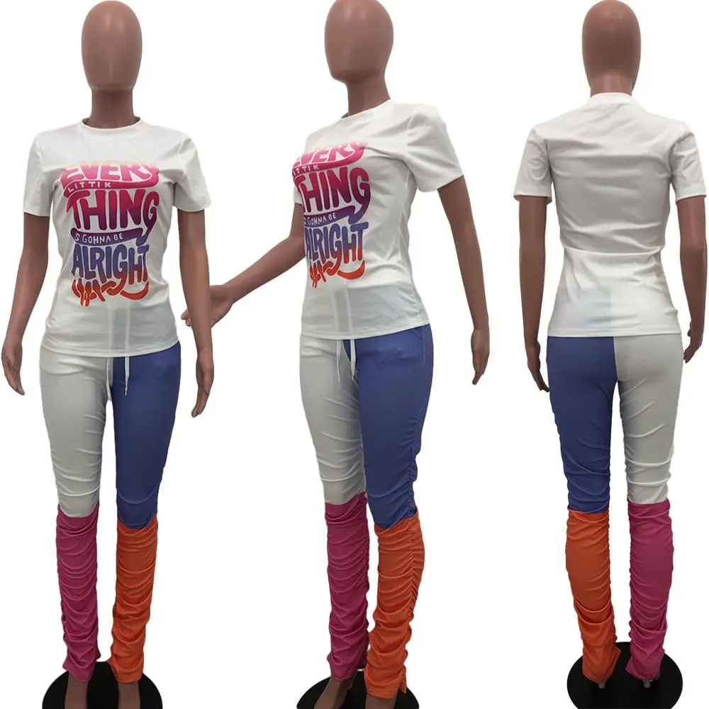 Summer casual letter contrast print two piece fashion fit o-neck short sleeve T-shirt and pants women's suit
Summer casual letter contrast print two piece fashion fit o-neck short sleeve T-shirt and pants women's suit