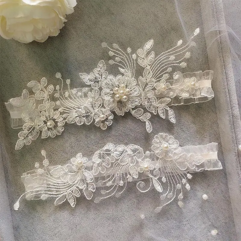 

Womens Handmade Floral Lace Mesh Applique Thigh Rings Set Imitation Pearl Beaded Embellished Bridal Wedding Elastic Leg Garters