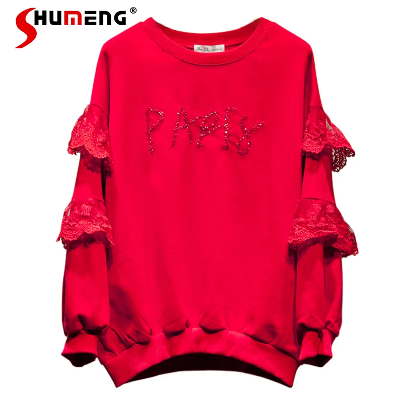 Women's Red Round Neck Pullover Sweatershirt Korean Fashion 2021 Spring New Loose Patchwork Lace Flying Letters Sequins Hoodies
Women's Red Round Neck Pullover Sweatershirt Korean Fashion 2021 Spring New Loose Patchwork Lace Flying Letters Sequins Hoodies