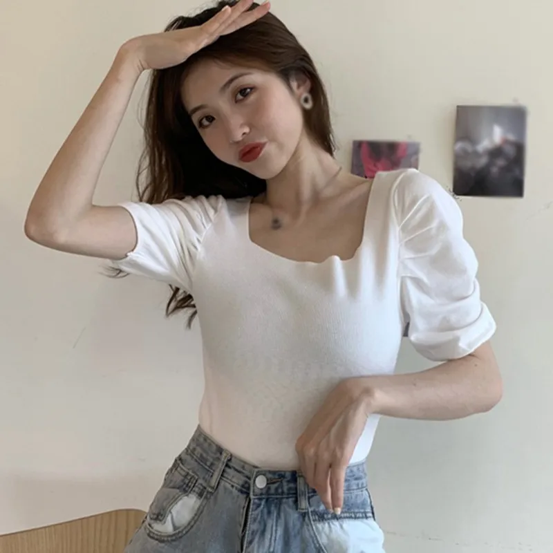 Female Short Sleeve T-shirts Women Square Collar T-shirt Summer Knitted Slim Tee Tops
Female Short Sleeve T-shirts Women Square Collar T-shirt Summer Knitted Slim Tee Tops