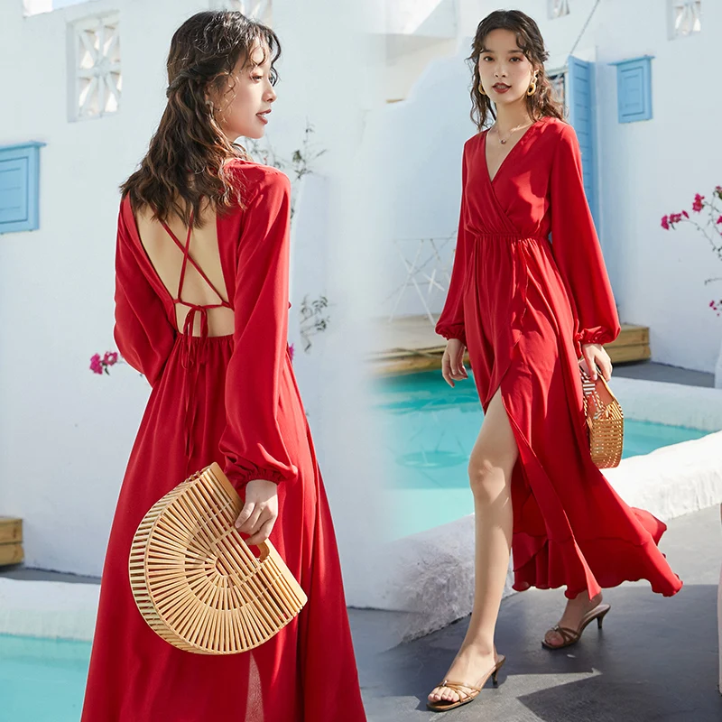 Summer 2021 Maxi Elegant Runway Party Dress Korean Vintage Chiffon Tropical Beach Vacation Dress Long Red Backless Women Dress
Summer 2021 Maxi Elegant Runway Party Dress Korean Vintage Chiffon Tropical Beach Vacation Dress Long Red Backless Women Dress
