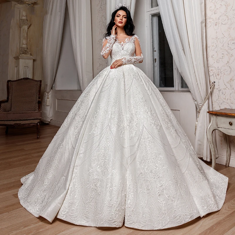 Luxury Wedding Dress Scoop Ball Gown Satin Applique Beadings Long Sleeve Bride Dress Sweep Train Bridal Gown Vestido De Novia
Luxury Wedding Dress Scoop Ball Gown Satin Applique Beadings Long Sleeve Bride Dress Sweep Train Bridal Gown Vestido De Novia