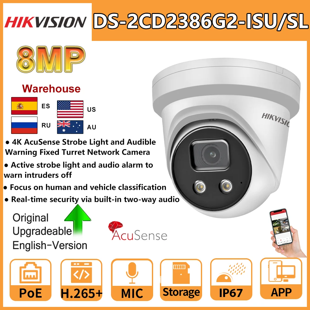 Hikvision 4K AcuSense PoE 8MP IP Camera DS-2CD2386G2-ISU/SL Active Strobe Light and Audio Alarm Built-In Mic Two-Way Audio IP67
Hikvision 4K AcuSense PoE 8MP IP Camera DS-2CD2386G2-ISU/SL Active Strobe Light and Audio Alarm Built-In Mic Two-Way Audio IP67