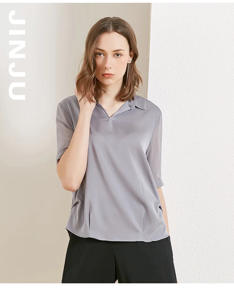 Jinju spring and summer solid color casual wild women silk T-shirt Elegant intellectual simplicity and generosity
Jinju spring and summer solid color casual wild women silk T-shirt Elegant intellectual simplicity and generosity