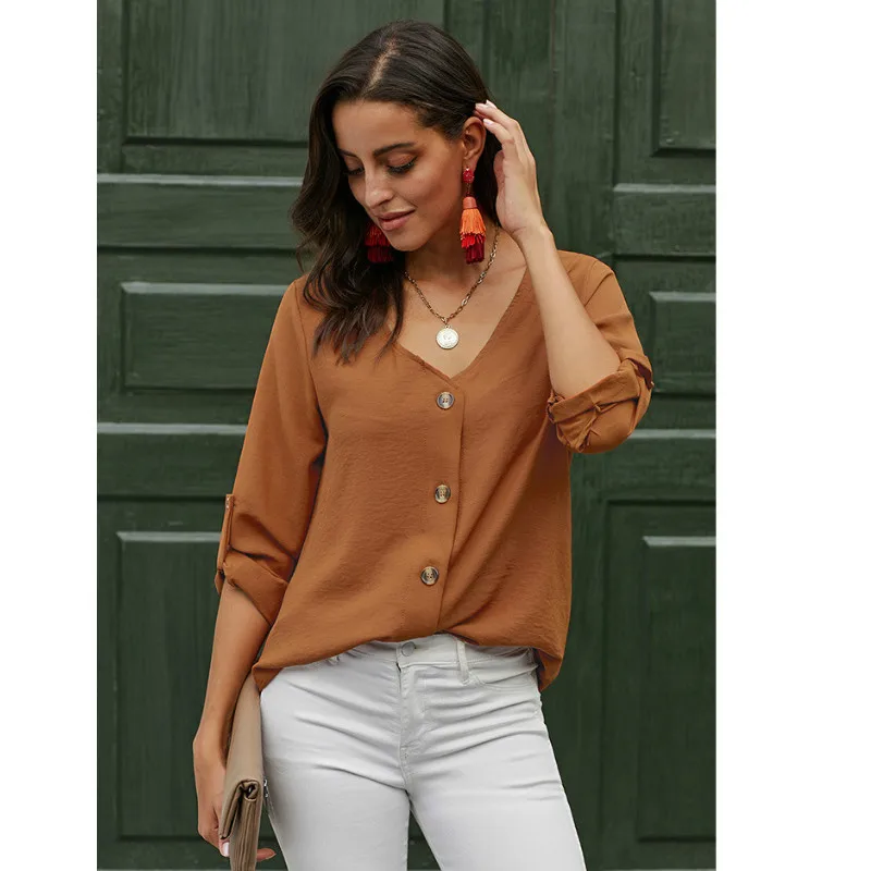 Shirt women's new sexy V-neck button design cropped sleeves solid color loose top plus size womens tops and blouses Half
Shirt women's new sexy V-neck button design cropped sleeves solid color loose top plus size womens tops and blouses Half